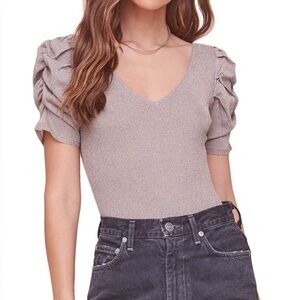 ASTR The Label Women's Beige Sparkly Puff Sleeve BODYSUIT